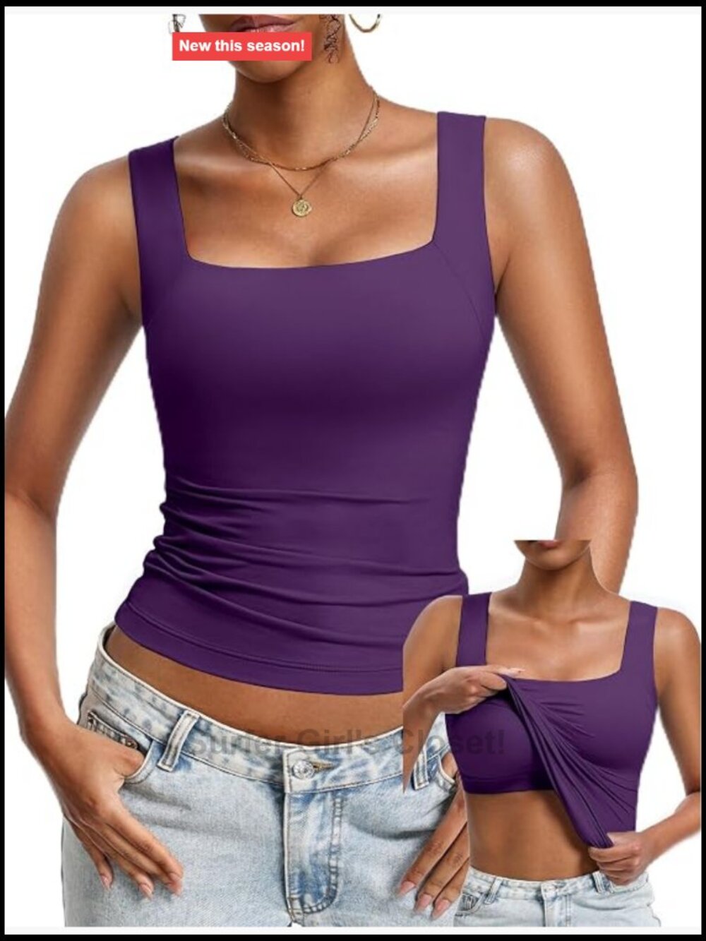 Women's Built-in Bra Tank Top Double Lined Stretchy Square Neck Sleeveless Cami